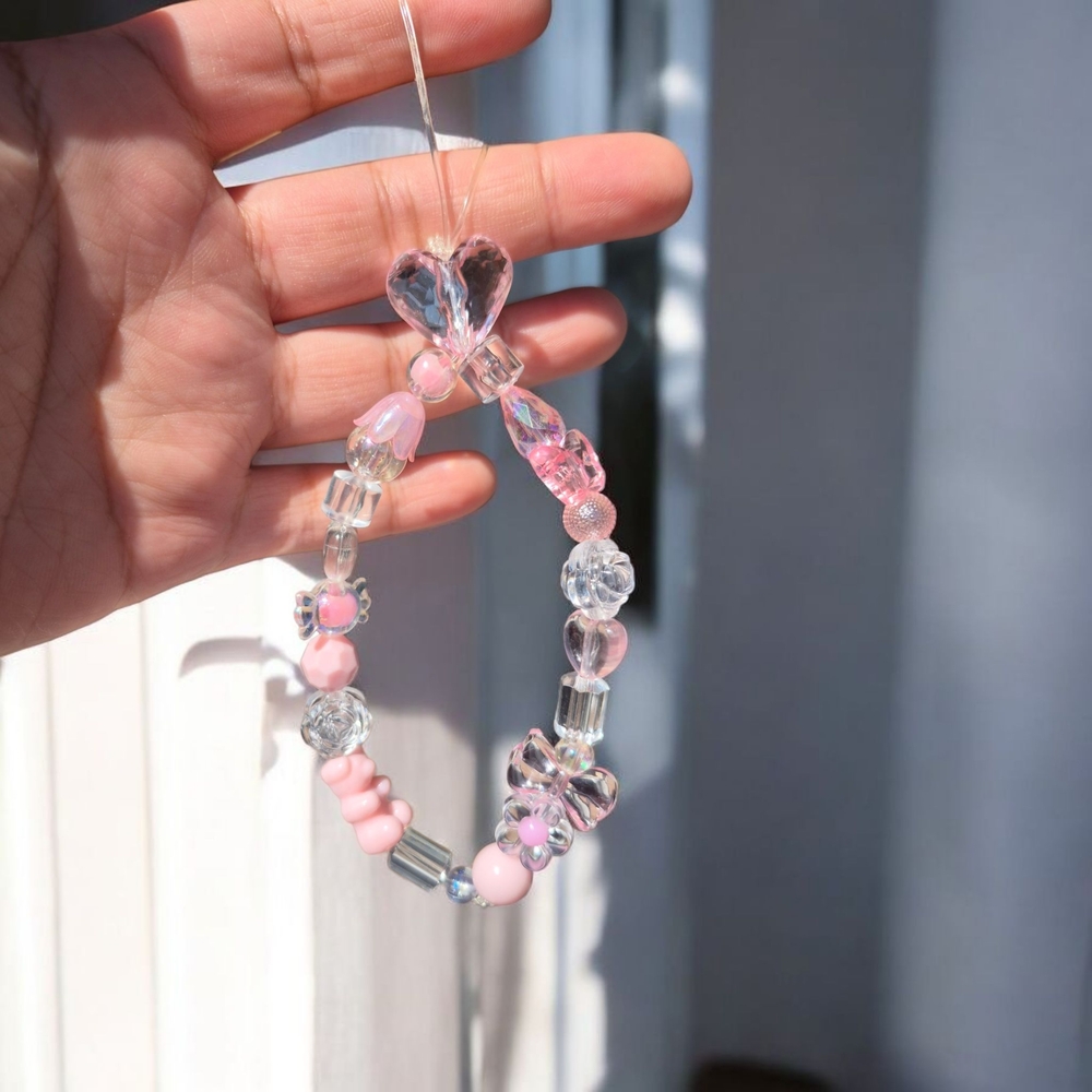 Pink Mixed Beaded Heart Phone Charm
